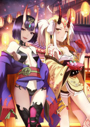 Rule 34 | 2girls, absurdres, blonde hair, blunt bangs, bob cut, breasts, cleavage, dango, eating, facial mark, fate/grand order, fate (series), food, highres, horns, ibaraki douji (fate), japanese clothes, kimono, long hair, looking at viewer, md5 mismatch, multiple girls, oni, open mouth, purple hair, resolution mismatch, shigure s, short hair, shuten douji (fate), skin-covered horns, small breasts, smile, source smaller, standing, tattoo, wagashi, yellow eyes