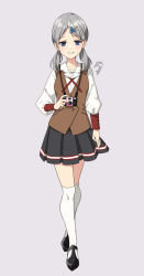 Rule 34 | 1girl, black footwear, black skirt, blush, brown vest, camera, camera around neck, crossed legs, full body, grey hair, hair ornament, hairclip, highres, holding, holding camera, long hair, long sleeves, looking at viewer, low twintails, nekozuki yuki, original, over-kneehighs, parted bangs, pleated skirt, purple background, purple eyes, school uniform, shirt, shoes, signature, simple background, skirt, smile, solo, standing, thighhighs, twintails, vest, watson cross, white shirt, white thighhighs