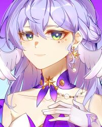 Rule 34 | 1girl, absurdres, aqua eyes, bare shoulders, chinese commentary, collar, collarbone, commentary request, detached collar, earrings, gloves, hair between eyes, half updo, hand on own chest, head wings, highres, honkai: star rail, honkai (series), jewel under eye, jewelry, long hair, looking at viewer, portrait, purple background, purple collar, purple hair, robin (honkai: star rail), sidelocks, slowfrost, smile, solo, white gloves, wings