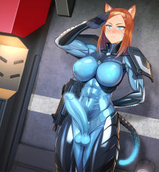 Rule 34 | 1girl, abs, arm behind back, armor, bodysuit, cat girl, cropped legs, facial mark, futanari, gun, highres, impossible bodysuit, impossible clothes, large penis, nipples, nisetanaka, orange hair, original, penis, salute, science fiction, shoulder armor, skin tight, slit pupils, solo, standing, submachine gun, tail, testicles, toned, weapon, whisker markings