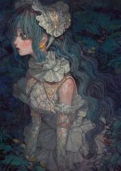 Rule 34 | 1girl, blue eyes, blue hair, blush, bonnet, commentary request, crying, crying with eyes open, detached sleeves, dress, earrings, expressionless, flower, gold trim, grass, highres, jewelry, lolita fashion, long hair, nature, original, parted lips, profile, sitting, solo, star (symbol), star earrings, tears, upper body, very long hair, wavy hair, white dress, yue (distesa18)