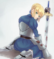 Rule 34 | 1girl, ahoge, alice1888, armor, armored dress, artoria pendragon (fate), bad id, bad pixiv id, blonde hair, blood, dress, excalibur (fate/stay night), fate/stay night, fate (series), faulds, from behind, gauntlets, green eyes, hair ribbon, highres, ribbon, saber (fate), sitting, solo, sword, tears, wariza, weapon