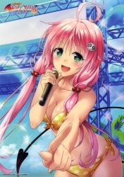 Rule 34 | 1girl, :d, absurdres, ahoge, bikini, blush, breasts, cleavage, collarbone, copyright name, cowboy shot, day, demon tail, green eyes, groin, hair ornament, highres, holding, holding microphone, index finger raised, lala satalin deviluke, leaning forward, lens flare, long hair, looking at viewer, medium breasts, microphone, official art, open mouth, outdoors, palm tree, pink hair, shiny skin, side-tie bikini bottom, smile, solo, sparkle, standing, swimsuit, tail, to love-ru, tree, twintails, very long hair, yellow bikini