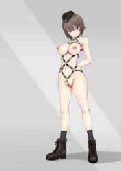 Rule 34 | 10s, 1girl, absurdres, arms behind back, bondage outfit, boots, breasts, brown eyes, brown hair, chariotlee, garrison cap, girls und panzer, harness, hat, highres, nipple piercing, nipples, nishizumi maho, piercing, short hair, solo