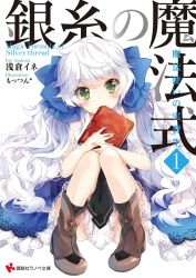 Rule 34 | 1girl, blush, book, boots, character request, cover, cover page, ginshi no mahoushiki, green eyes, holding, holding book, jpeg artifacts, long hair, magic formula of silver thread, mottsun, silver hair, sitting, solo, twintails