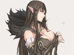 Rule 34 | 1girl, bare shoulders, black dress, breasts, bridal gauntlets, brown hair, cleavage, dress, duplicate, fate/apocrypha, fate (series), fur trim, gold trim, knt02142769, large breasts, long hair, looking at viewer, pointy ears, semiramis (fate), sidelocks, smile, solo, spikes, very long hair, yellow eyes