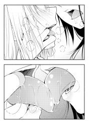 Rule 34 | 2girls, blush, close-up, commentary request, finger in another&#039;s mouth, french kiss, greyscale, heavy breathing, highres, kiss, monochrome, multiple girls, open mouth, original, saliva, teeth, tongue, tongue out, upper teeth only, yui 7, yuri