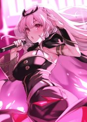 Rule 34 | 1girl, black dress, blush, breasts, cape, dress, fuya (tempupupu), hololive, hololive english, large breasts, long hair, looking at viewer, microphone, mori calliope, open mouth, pink hair, pink theme, red eyes, solo, thighs, virtual youtuber