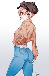 Rule 34 | 10s, 1girl, artist name, ass, black hat, blue pants, breasts, brown jacket, brown shirt, cabbie hat, casual, chungu, cowboy shot, denim, fingernails, from behind, gradient background, hair between eyes, hand in pocket, hand on own ass, hat, idolmaster, idolmaster cinderella girls, jacket, jeans, jougasaki mika, long sleeves, looking at viewer, looking back, nail polish, open mouth, pants, pink hair, pocket, red nails, shirt, small breasts, solo, white shirt, yellow eyes