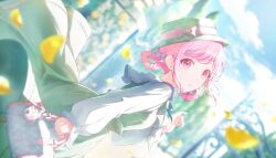 Rule 34 | 1girl, bag, blurry, blurry background, blurry foreground, bow, breasts, day, depth of field, dress, hat, highres, long sleeves, looking at viewer, official art, ootori emu, outdoors, pink eyes, pink hair, project sekai, solo