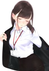 Rule 34 | 1girl, absurdres, ama mitsuki, black hair, black jacket, black skirt, blush, breasts, closed mouth, collared shirt, cowboy shot, closed eyes, facing viewer, formal, hair behind ear, highres, id card, jacket, lanyard, non-web source, office lady, original, pencil skirt, scan, shirt, sidelocks, simple background, skirt, solo, suit, undressing, white background, white shirt