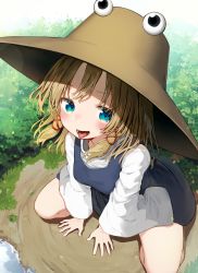 Rule 34 | 1girl, absurdres, all fours, arm support, blonde hair, blue eyes, blue skirt, blue vest, blush, hair between eyes, hat, highres, kneeling, leaning forward, long sleeves, looking at viewer, mamemochi, miniskirt, moriya suwako, open mouth, paid reward available, seductive smile, short hair, sidelocks, skirt, skirt set, smile, solo, tongue, tongue out, touhou, turtleneck, vest, wide sleeves