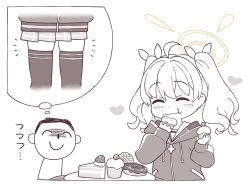 Rule 34 | 1boy, 1girl, ^ ^, ahoge, doodle sensei (blue archive), blue archive, blush, cake, cake slice, closed eyes, closed mouth, commentary request, cropped legs, cropped torso, cupcake, doughnut, drawstring, eating, food, food on face, hair ribbon, halo, harada (sansei rain), heart, highres, holding, holding food, hood, hood down, hooded jacket, jacket, long hair, long sleeves, monochrome, notice lines, plaid, plaid skirt, pleated skirt, puffy long sleeves, puffy sleeves, ribbon, sensei (blue archive), shaded face, simple background, skindentation, skirt, sleeves past wrists, spot color, thighhighs, track jacket, translation request, twintails, white background, yoshimi (blue archive)