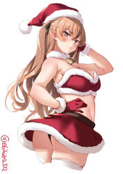 Rule 34 | 1girl, alternate costume, ass, bare shoulders, bell, black panties, blush, breasts, brown eyes, christmas, closed mouth, cowboy shot, cropped legs, dress, ebifurya, fur-trimmed dress, fur-trimmed headwear, fur trim, gloves, hair between eyes, hair ribbon, hand on own hip, hat, highres, johnston (kancolle), kantai collection, large breasts, light brown hair, long hair, looking at viewer, looking back, one-hour drawing challenge, panties, red dress, red gloves, red hat, red skirt, ribbon, santa costume, santa hat, simple background, skindentation, skirt, solo, thighhighs, twintails, twitter username, underwear, white background