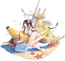 Rule 34 | 1girl, animal, anklet, ass, azur lane, backless dress, backless outfit, banana boat, bare arms, bare shoulders, barefoot, beach, beach mat, bikini, bikini under clothes, bird, black hair, bottle, bracelet, breasts, chick, cleavage, cloud, criin (659503), dress, feet, flower, hair flower, hair ornament, hibiscus, hiei (azur lane), hiei (beauty of the white sands) (azur lane), highres, horns, jewelry, large breasts, long hair, looking at viewer, looking back, lotion, lotion bottle, manjuu (azur lane), official alternate costume, official art, orange eyes, picnic basket, ponytail, pouring, sand, sand castle, sand sculpture, sleeveless, sleeveless dress, soles, solo, starfish, swimsuit, thighs, toes, transparent background, very long hair, water, water bottle, white bikini, white dress