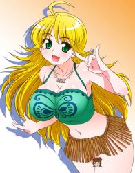 Rule 34 | 1girl, ahoge, blonde hair, blush, breasts, cleavage, collarbone, green eyes, hoshii miki, idolmaster, idolmaster (classic), jewelry, large breasts, long hair, looking at viewer, \\n/, necklace, open mouth, rikumoto yoshiyuki, smile, solo, very long hair