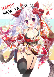 Rule 34 | 1girl, :d, arm up, azur lane, bikini, bikini under clothes, black bikini, black footwear, black thighhighs, blush, breasts, cameltoe, english text, fang, floral print, flower, garter straps, hair flower, hair ornament, hair ribbon, happy new year, headgear, heart, highres, japanese clothes, kimono, leg up, long sleeves, looking at viewer, lowleg, lowleg bikini, new year, open clothes, open kimono, open mouth, petals, pink eyes, print kimono, red flower, red ribbon, red rose, ribbon, ringed eyes, rose, sandals, sidelocks, silver hair, small breasts, smile, solo, sparkle, spread fingers, standing, standing on one leg, swimsuit, tanoma suzume, tareme, thighhighs, translated, twintails, unmoving pattern, vampire (azur lane), wide sleeves