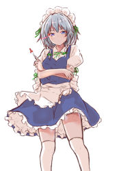 Rule 34 | 1girl, apron, blue dress, blue eyes, commentary request, crossed arms, dress, feet out of frame, frilled apron, frills, green ribbon, hair between eyes, hair ribbon, highres, holding, holding knife, holding weapon, izayoi sakuya, knife, looking at viewer, maid, maid apron, maid headdress, mukkushi, puffy short sleeves, puffy sleeves, ribbon, shirt, short dress, short hair, short sleeves, silver hair, simple background, solo, standing, thighhighs, thighs, touhou, waist apron, weapon, white apron, white background, white shirt, white thighhighs, zettai ryouiki