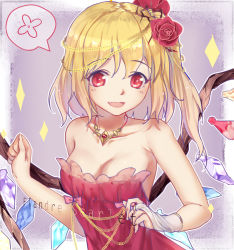 Rule 34 | 1girl, alternate costume, asymmetric gloves, asymmetrical gloves, asymmetrical wings, bare shoulders, blonde hair, breasts, bridal gauntlets, chain, character name, cleavage, crystal, dress, fangs, flandre scarlet, flower, gloves, hair between eyes, hair flower, hair ornament, jewelry, looking at viewer, necklace, neizang, no headwear, no headwear, off shoulder, open mouth, red dress, red eyes, red flower, red rose, rose, short hair, side ponytail, single glove, sketch, smile, solo, strapless, strapless dress, touhou, uneven gloves, wings