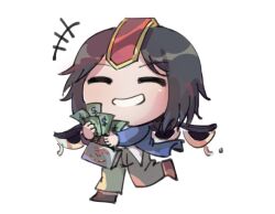 Rule 34 | +++, 1other, androgynous, blue jacket, brown footwear, brown hair, chibi, chinese commentary, closed eyes, commentary request, denim, headgear, holding, holding money, holding suitcase, jacket, jeans, kokutenshi hibaru, leg up, len&#039;en, long sleeves, money, open clothes, open jacket, open mouth, pants, red headwear, sdz (inazuma), shirt, shoes, short hair, smile, suitcase, teardrop, teeth, white background, white shirt, wings, yellow pants