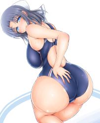 Rule 34 | 10s, 1girl, ass, bare shoulders, black hair, blue eyes, blue hair, bow, breasts, competition swimsuit, deep skin, from behind, hair bow, hand on ass, highres, huge ass, large breasts, long hair, looking at viewer, looking back, matching hair/eyes, one-piece swimsuit, ponponmaru, senran kagura, short hair, solo, swimsuit, wet, wet clothes, white background, yumi (senran kagura)