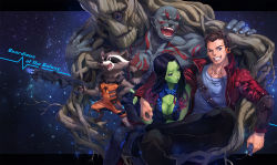 Rule 34 | 1girl, 4boys, alien, animification, bald, black hair, blue eyes, breasts, brown hair, cleavage, colored skin, copyright name, drax the destroyer, gamora, green skin, groot, guardians of the galaxy, gun, headphones, highres, large breasts, letterboxed, marvel, marvel cinematic universe, mhk (mechamania), multiple boys, one eye closed, open mouth, peter quill, raccoon, rocket raccoon, space, weapon
