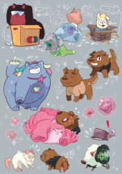 Rule 34 | !, aged down, amethyst (steven universe), angry, animal, arrow (symbol), bag, bismuth (steven universe), blank eyes, box, box on head, bubble, cardboard box, cat, character name, closed eyes, closed mouth, clothed animal, covered face, cuddling, dog, ear piercing, facing away, facing viewer, fenman, garnet (steven universe), gem, greg universe, grin, hair over one eye, heart, hiding, in bag, in box, in container, looking at another, mouse, multicolored hair, nephrite (steven universe), no humans, one eye closed, one eye covered, onion (steven universe), pearl (steven universe), peridot (steven universe), piercing, plastic bag, rose quartz universe, skull print, smile, smug, steven universe, sunglasses, sweat, nervous sweating