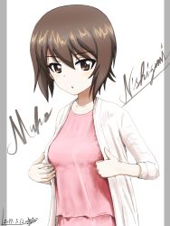 Rule 34 | 10s, 1girl, artist name, blouse, brown eyes, brown hair, bukkuri, casual, character name, cursive, dated, girls und panzer, highres, jacket, long sleeves, looking at viewer, nishizumi maho, open clothes, open jacket, parted lips, pink shirt, pink skirt, romaji text, shirt, short hair, signature, simple background, skirt, solo, standing, upper body, white background, white jacket