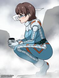 Rule 34 | brown hair, female focus, glasses, gundam, gundam battle operation code fairy, highres, mia brinkman, pilot suit, solo, spit (takethestrain)