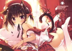 Rule 34 | 1girl, animal ears, areola slip, ass, bed, bedroom, black ribbon, blunt bangs, bow, bracelet, breasts, breasts out, brown hair, butt crack, cat ears, cat tail, clock, clothes pull, curtains, day, frills, from side, glint, hair bow, hat, highres, hugging object, indoors, jewelry, leg up, looking at viewer, looking to the side, nail polish, nipples, no shoes, off shoulder, on bed, open clothes, open shirt, pantyhose, pantyhose pull, pillow, pillow hug, pink nails, purple eyes, red hat, red skirt, ribbon, sailor collar, sailor hat, scan, shiromochi sakura, shirt, short hair, skirt, small breasts, solo, sparkle, striped, striped bow, tail, tail ornament, tail ribbon, tareme, text focus, translation request, two side up, white pantyhose, white shirt