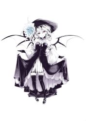 Rule 34 | 1girl, alternate costume, bare shoulders, bat wings, curtsey, detached sleeves, dress, female focus, flower, full body, hat, i-la, lace, lace-trimmed legwear, lace trim, millipen (medium), monochrome, nib pen (medium), red eyes, remilia scarlet, short hair, smile, solo, spot color, thighhighs, touhou, traditional media, transparent background, wings