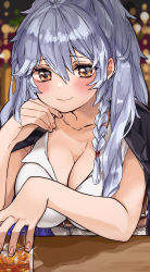 Rule 34 | 1girl, absurdres, blouse, blurry, blurry background, blush, braid, breasts, brown eyes, cleavage, closed mouth, coat, coat on shoulders, collarbone, collared shirt, cup, drinking glass, granblue fantasy, grey hair, highres, large breasts, lips, long hair, osakana (rrg0123), shirt, sidelocks, silva (granblue fantasy), single braid, sleeveless, sleeveless shirt, smile, solo, sparkle, upper body, white shirt