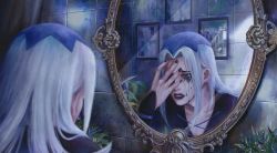 Rule 34 | 1boy, absurdres, black lips, clothing cutout, covering one eye, cross-laced clothes, cross-laced cutout, crying, drawing (object), dripping, from behind, hand on own face, hat, highres, jojo no kimyou na bouken, koha (xxkohaku), leone abbacchio, lipstick, long sleeves, looking at mirror, makeup, male focus, mascara, mirror, nail polish, parted bangs, plant, purple eyes, reflection, runny makeup, shirt, sleeves past wrists, tears, tile wall, tiles, vento aureo, white shirt