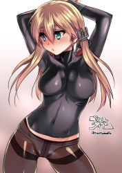 Rule 34 | 10s, 1girl, :o, anchor hair ornament, aqua eyes, arms up, artist name, bad id, bad pixiv id, blonde hair, blush, breasts, covered navel, cowboy shot, crotch seam, female focus, gradient background, hair between eyes, hair ornament, kantai collection, large breasts, looking to the side, panties, panties under pantyhose, pantyhose, prinz eugen (kancolle), revision, simple background, skin tight, solo, tokita monta, twintails, twitter username, underwear, white panties