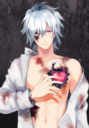 Rule 34 | 10s, 1boy, android, asino, bad id, bad pixiv id, clear (dramatical murder), dramatical murder, heart, male focus, mole, open clothes, open shirt, pink eyes, sad smile, shirt, solo, spoilers, tears, upper body, white hair