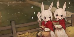 Rule 34 | 2girls, albino, animal ears, bug, butterfly, cape, dress, eating, fence, field, highres, insect, long hair, matching outfits, multiple girls, original, outdoors, ponytail, rabbit ears, rabbit girl, red cape, red eyes, shirokujira, twintails, white butterfly, white dress, white hair