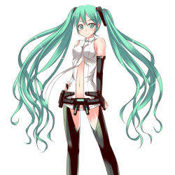 Rule 34 | 1girl, bad id, bad pixiv id, bare shoulders, belt, breasts, detached sleeves, female focus, flo (guilty hearts), green eyes, green hair, hand on own hip, hatsune miku, hatsune miku (append), hip focus, long hair, matching hair/eyes, navel, simple background, smile, solo, standing, twintails, vocaloid, vocaloid append, white background
