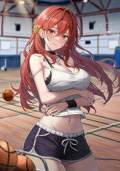 Rule 34 | 1girl, alternate costume, ball, basketball (object), basketball court, basketball hoop, black bra, black choker, black shorts, bra, breasts, choker, cleavage, commentary, cowboy shot, embarrassed, flower, golden rose, hair flower, hair intakes, hair ornament, himeko (honkai: star rail), honkai: star rail, honkai (series), indoors, jewelry, large breasts, light particles, mookyuu9, navel, necklace, red hair, red nails, shorts, solo, strap slip, tank top, tearing up, underwear, white tank top, wristband, yellow eyes