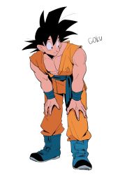 Rule 34 | 1boy, abs, ankle boots, bent over, black eyes, black hair, blue footwear, blue sash, blue wristband, boots, character name, closed mouth, clothes writing, collarbone, dougi, dragon ball, dragon ball super, dragon ball z fukkatsu no f, facing viewer, fingernails, full body, hair strand, hands on own knees, kz (dbz kz), looking afar, looking to the side, male focus, muscular, muscular male, obi, pectorals, sash, simple background, smile, solo, son goku, spiked hair, standing, white background, wristband