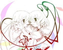 Rule 34 | 2girls, female focus, flandre scarlet, food, multiple girls, partially colored, pocky, pocky kiss, remilia scarlet, shared food, siblings, sisters, takahero, touhou, upper body, wings