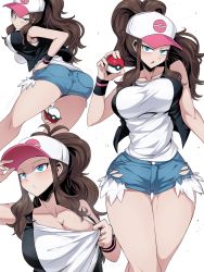 1girl ass blush breasts cleavage creatures_(company) denim denim_shorts female_focus game_freak highres hilda_(pokemon) large_breasts lips nintendo pokemon pokemon_bw shimure_(460) shorts solo tagme thick_thighs thighs torn_clothes