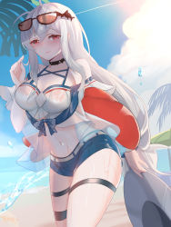 Rule 34 | 1girl, ahoge, arknights, bare shoulders, beach, black choker, blue shorts, blush, breasts, chinese commentary, choker, cleavage, collarbone, commentary request, cowboy shot, embarrassed, eyewear on head, hair between eyes, hair ornament, hand up, hat, highres, holding, holding clothes, holding hat, inflatable orca, inflatable toy, large breasts, lingshalan, long hair, looking at viewer, navel, off-shoulder shirt, off shoulder, official alternate costume, outdoors, red eyes, shirt, short shorts, short sleeves, shorts, silver hair, skadi (arknights), skadi (waverider) (arknights), solo, standing, stomach, sunglasses, thigh strap, unworn hat, unworn headwear, very long hair, wet, wet clothes, whale hair ornament, white shirt