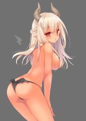 Rule 34 | 1girl, black panties, blush, braid, breasts, french braid, grey background, hair over breasts, highres, horns, large breasts, long hair, looking at viewer, looking back, mao (alepricos), o3o, original, panties, pointy ears, red eyes, silver hair, simple background, solo, underwear