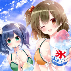 Rule 34 | 10s, 2girls, ;d, aqua eyes, bikini, black hair, breasts, brown eyes, brown hair, cleavage, drinking straw, food, frilled bikini, frills, front-tie bikini top, front-tie top, gift, green bikini, hair bobbles, hair ornament, hiryuu (kancolle), holding, holding drinking straw, kantai collection, looking at viewer, multiple girls, nogi takayoshi, one eye closed, open mouth, orange bikini, outdoors, parted lips, shaved ice, short hair, side ponytail, smile, souryuu (kancolle), swimsuit, twintails