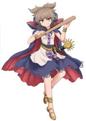 Rule 34 | 1girl, anklet, belt, bracelet, cape, chups, earmuffs, full body, gold trim, hair between eyes, highres, holding, holding stick, jewelry, light blush, pointy hair, ritual baton, sheath, sheathed, short hair, simple background, skirt, sleeveless, smile, solo, standing, standing on one leg, stick, sword, touhou, toyosatomimi no miko, v-shaped eyebrows, weapon, white background
