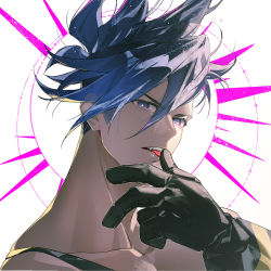 Rule 34 | 1boy, black gloves, blue hair, collarbone, galo thymos, gloves, hair between eyes, highres, kukuish, licking, licking finger, looking at viewer, male focus, muscular, muscular male, portrait, promare, short hair, solo, spiked hair, teeth, tongue, tongue out, upper body, white background