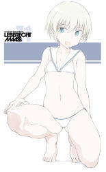 Rule 34 | 1girl, barefoot, bikini, blue eyes, breasts, character name, collarbone, commentary request, full body, groin, kantai collection, looking at viewer, navel, on one knee, open mouth, sailor bikini, sailor collar, shigino sohuzi, short hair, silver hair, simple background, small breasts, smile, solo, string bikini, swimsuit, white background, z1 leberecht maass (kancolle)