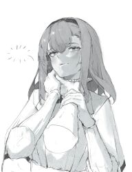 Rule 34 | 1boy, 1girl, arknights, disembodied hand, gandy (gan3e46), greyscale, hairband, hand on another&#039;s neck, highres, holding another&#039;s wrist, monochrome, priestess (arknights), sideways glance, solo focus, white background