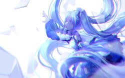 Rule 34 | 1girl, 54hao, bare shoulders, blue hair, blue necktie, blush, breasts, broken glass, chromatic aberration, commentary request, from side, glass, hair between eyes, hatsune miku, highres, long hair, long sleeves, looking away, medium breasts, necktie, outstretched arm, parted lips, profile, sleeveless, solo, twintails, very long hair, vocaloid, white background, wide sleeves, yuki miku