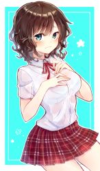 Rule 34 | 1girl, aqua eyes, blush, bra, breasts, brown hair, covering privates, covering breasts, curly hair, embarrassed, frown, itsumi mita, looking at viewer, original, school uniform, see-through, skirt, solo, strumaula, tears, underwear